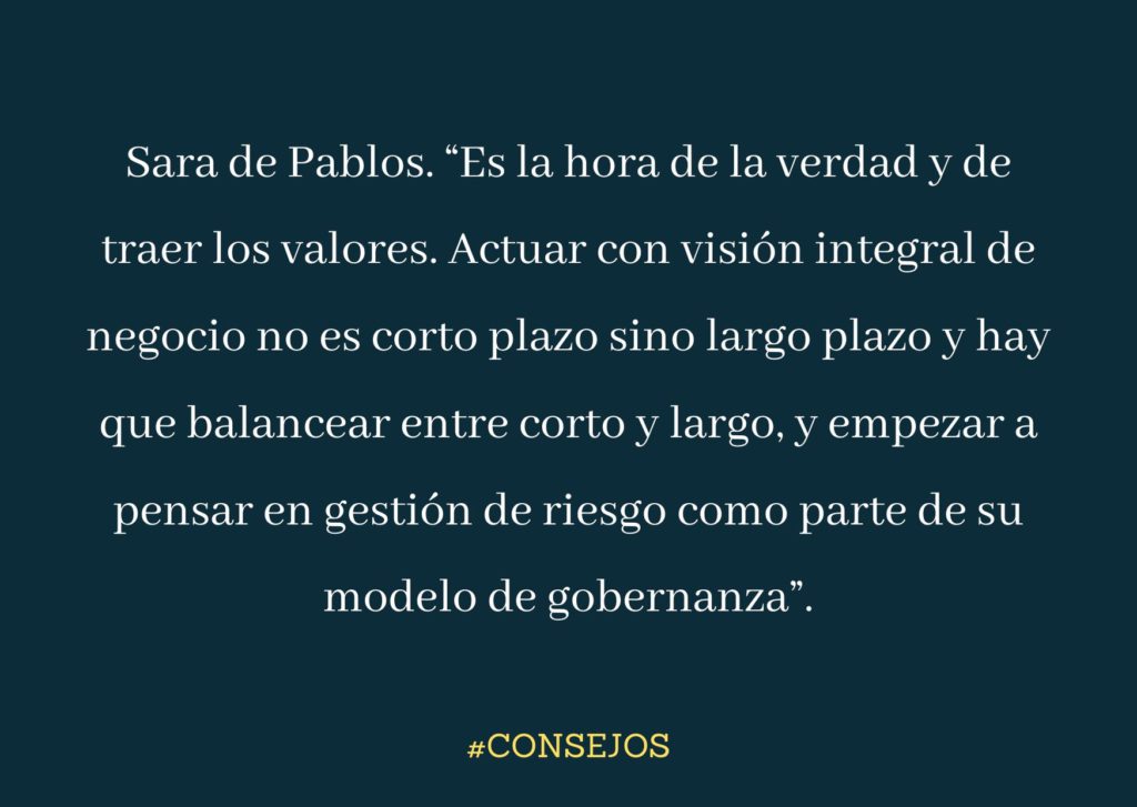 Sara de Pablos, Iberia country director en Diageo aconseja traer los valores corporativos a primer plano, pensar también a largo plazo e incluir la gestión de riesgo en el modelo de gobierno